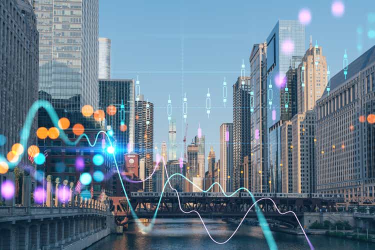 Panorama cityscape of Chicago downtown and Riverwalk, boardwalk with bridges at sunset, Illinois, USA. Forex graph hologram. The concept of internet trading, brokerage and fundamental analysis