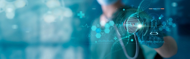 Healthcare and medical. Doctor and stethoscope touching icon DNA and digital healthcare and medical diagnosis of patient with network connection on modern hologram interface. Medical technology.