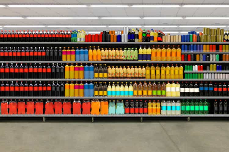 Soda Pop and Juice on shelf at Supermarket