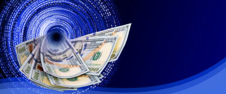 Whirl of money - binary code background with dollar banknotes
