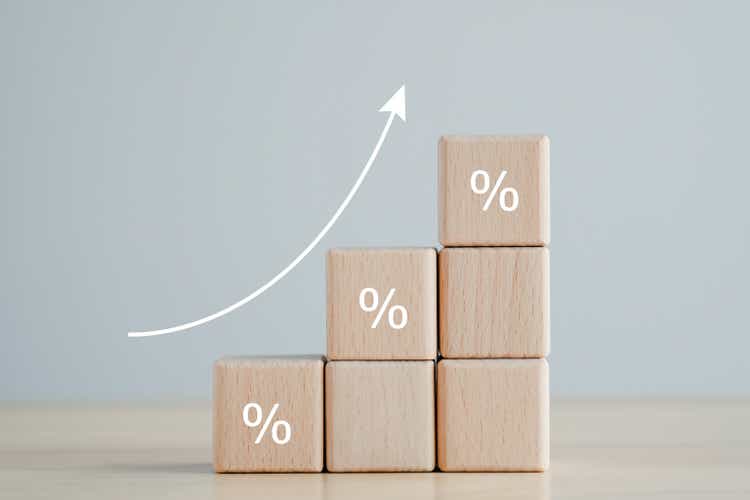 Interest rate finance and mortgage rates concept. Wooden blocks with percentage sign and rise of arrow up, financial growth, interest rate increase, inflation, sale price and tax rise concept.