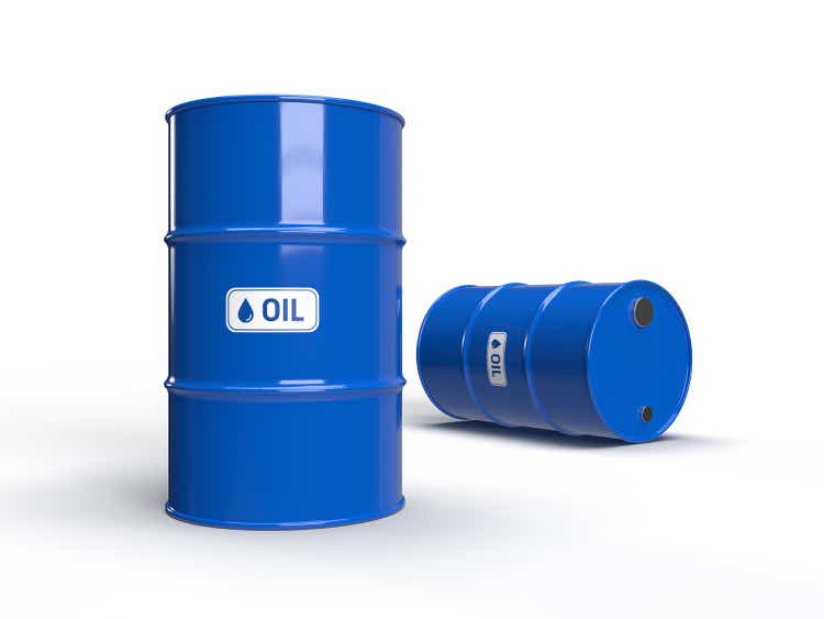 Two blue oil barrels on a white background