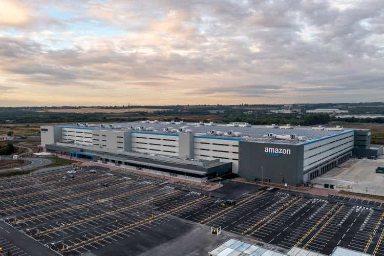 Aerial view of large Amazon distribution Warehouse in Leeds, UK