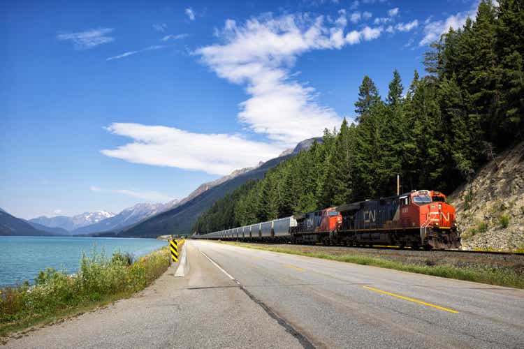 Moose Lake and CN Freight Train in Mount Robson Provincial Park, BC, Canada