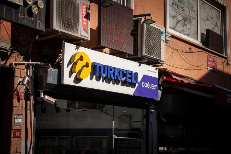 Turkcell logo on their local store in Istanbul.  Turkcell is a Turkish mobile operator and internet provider, one of the leading in Turkey.