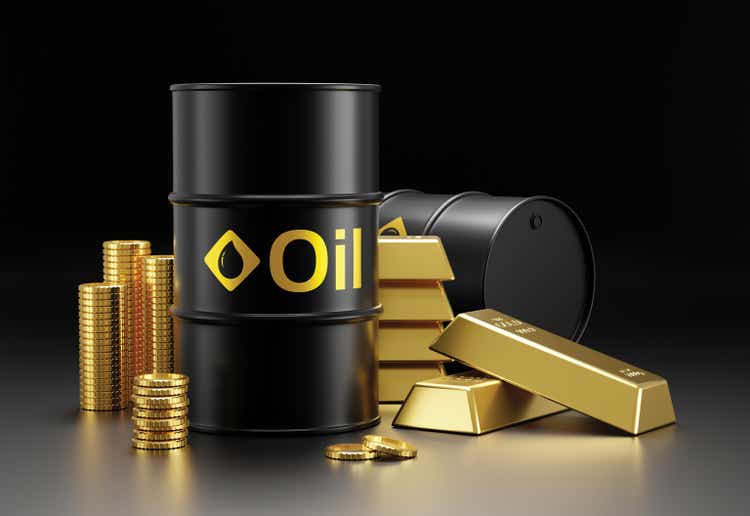 Oil barrels and gold bars on black background 3D rendering