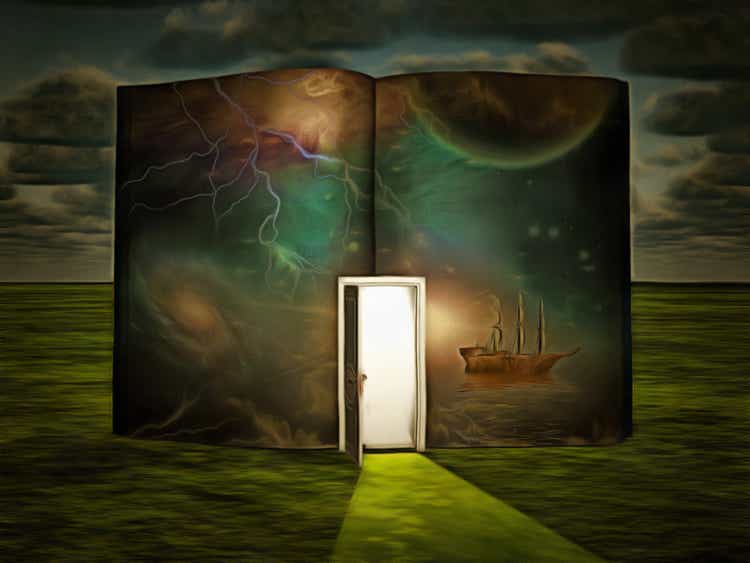 Surreal painting. Book with opened door