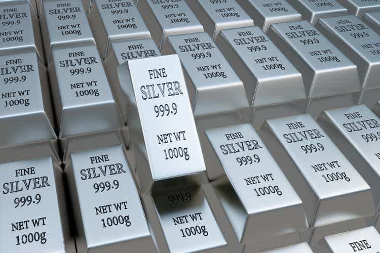 Stacks of silver bullions of 999.9 purity