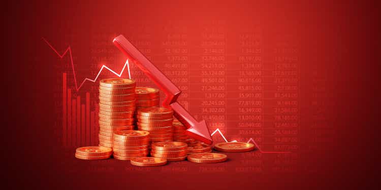Decrease finance investment gold coin on money business stock 3d red background with economy recession financial currency crisis market or banking economic graph and down chart profit rate loss trade.