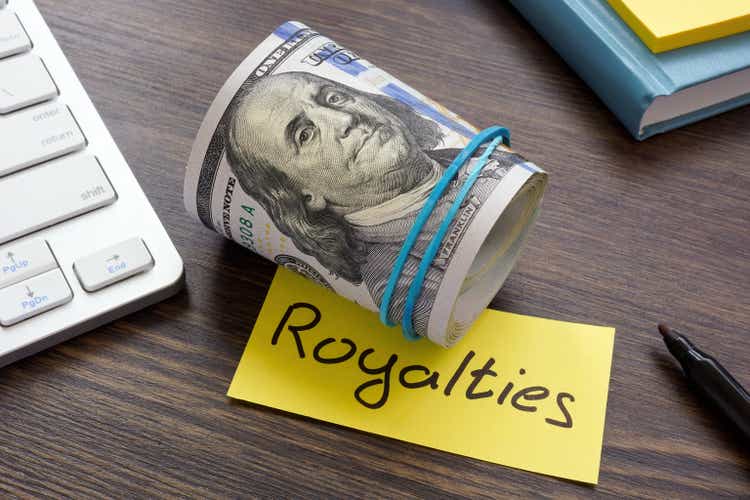 Roll of dollars with sign royalties and keyboard.