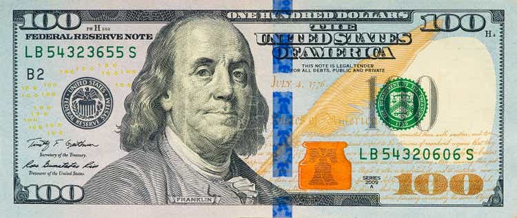 Large fragment of 100 hundred dollars bill banknote. Old American money banknote, vintage retro, usd
