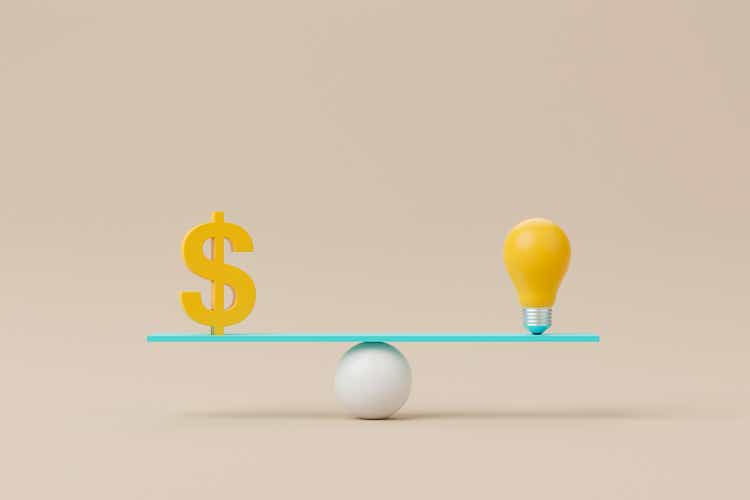 Dollar sign and light bulb on scale seesaw. Balance scale on background. 3d illustration