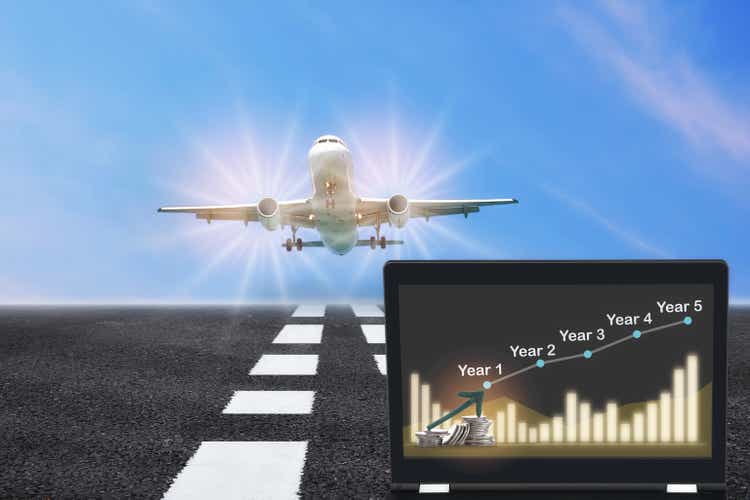 Airplane business recovery concept and return on investment idea