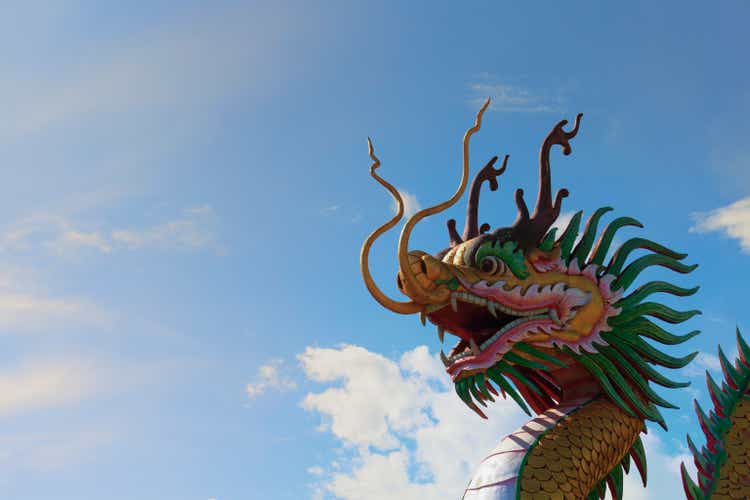 Close-up Chinese dragon on blue sky background.