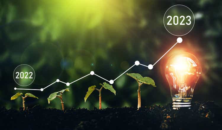 Seedlings are growing in soil with growth compared to year 2022-2023 and light bulb for innovations and ideas for the new year. Development to success in year 2023.