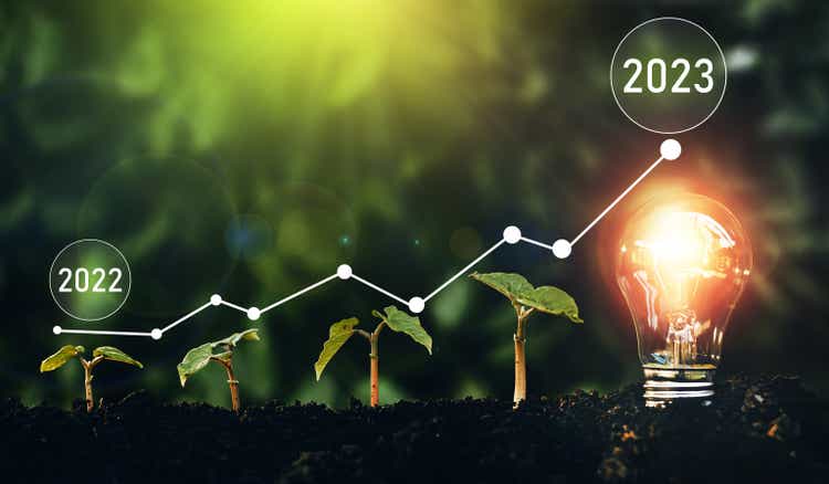 Seedlings are growing in soil with growth compared to year 2022-2023 and light bulb for innovations and ideas for the new year. Development to success in year 2023.