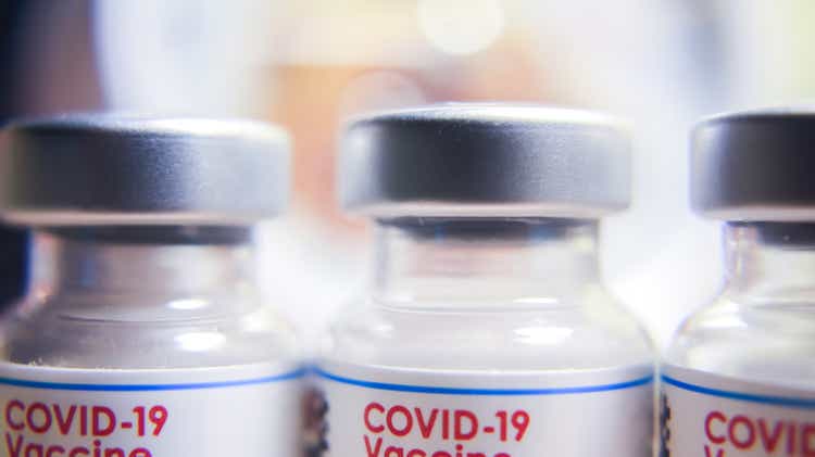 Thailand – SEPTEMBER 5. 2022: Closeup of biontech pfizer and moderna spikevax mrna covid-19 vaccination and vaccine vials epidemic.