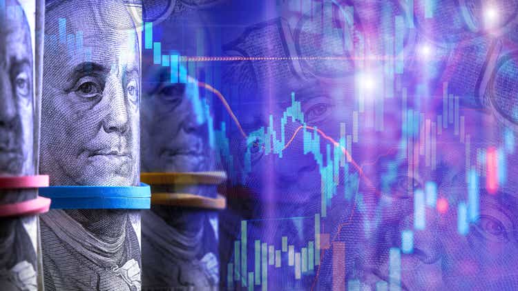 Portrait of Franklin from a hundred dollar bill with Candlestick charts as a concept of Stock trading or Stock background