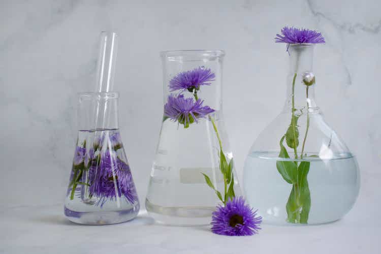 Laboratory flask, flower on a light backg