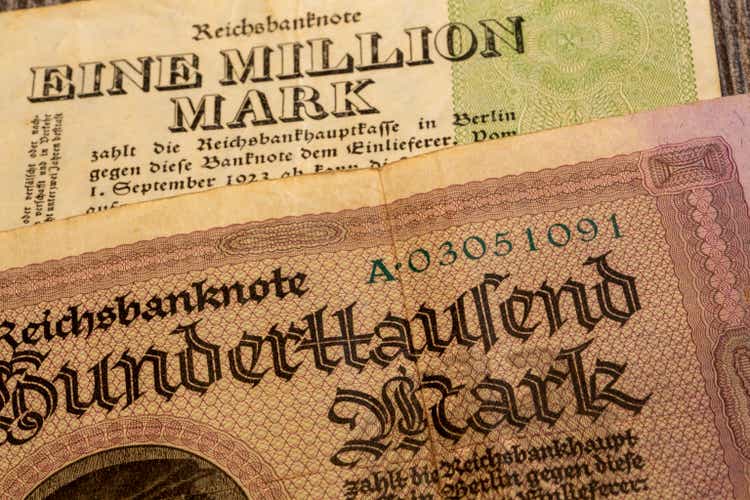Close-up of a historical Reichsbank note (Germany) at the time of hyperinflation 1923 in the amount of one million marks