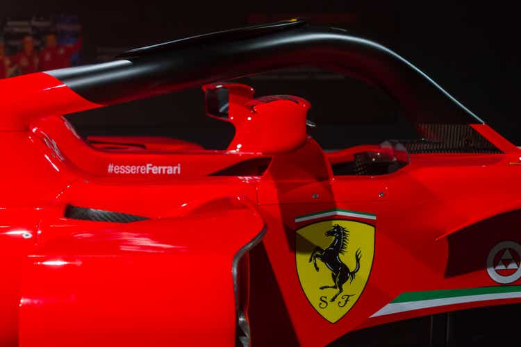 Close-up of a Ferrari F1 car in the museum.