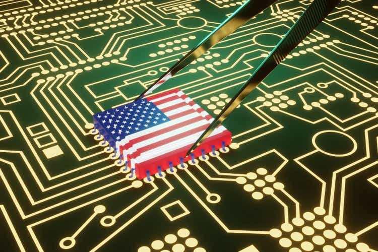 An advanced CPU printed with a flag of USA being held by tweezers on a neon glowing electronic circuit board. Illustration of the concept of United States made high-end micro chips.