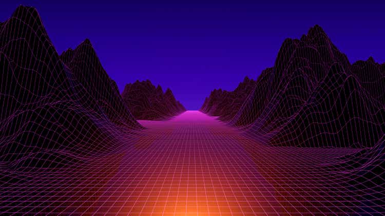 3d neon futuristic landscape with grid and mountains. Synthwave, cyberpunk, 80s game concept background.