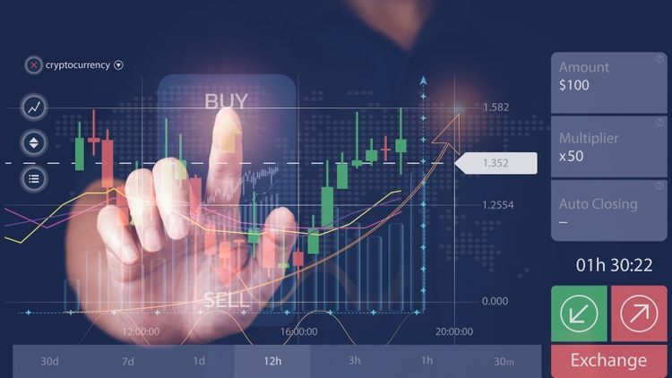 Stock chart analysis close up by finger pointing at buy and sell button.