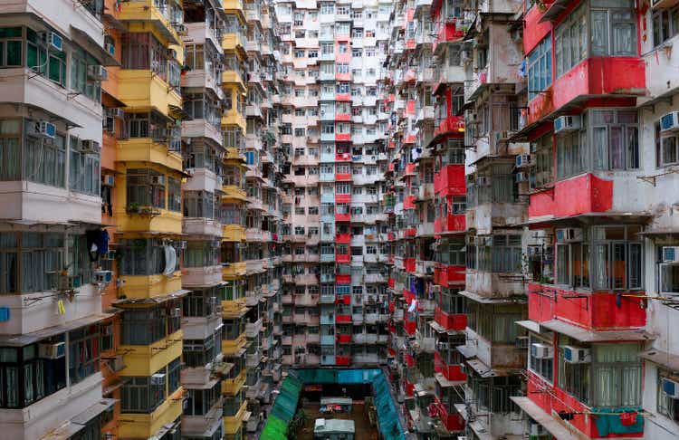 Overcrowded residential public area in a housing estate in Quarry Bay, Hong Kong. Crowded narrow apartments in a community in HK, an issue of high housing density and housing shortage due to overpopulation