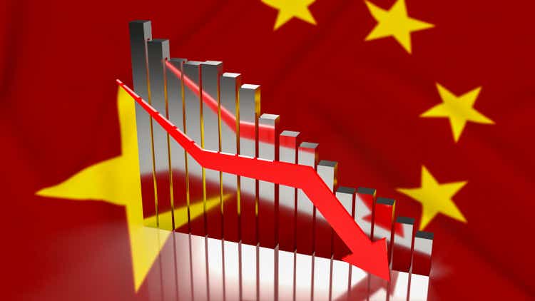 The business chart arrow down on Chinese flag background 3d rendering