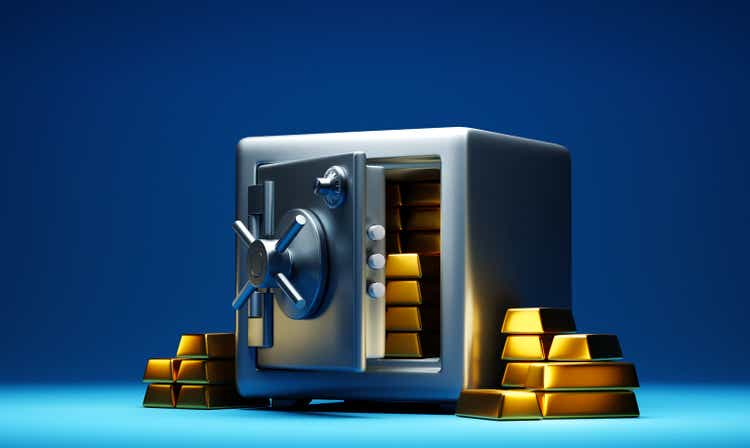 Open metallic, iron, steel safe with stacks of golden bars, money or deposit