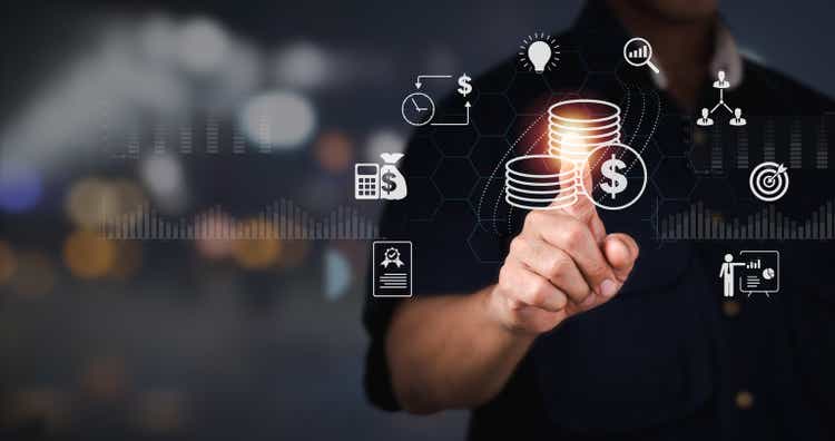 Budget and financial planning concept including a management or executive CFO estimating the company"s yearly income and costs. Corporate finance and the annual strategy plan