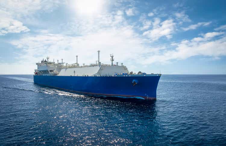 Front view of a large LNG or liquid gas tanker ship