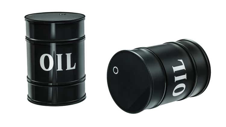 Black barrels with the inscription Oil on a white background. 3D rendering. Isolated