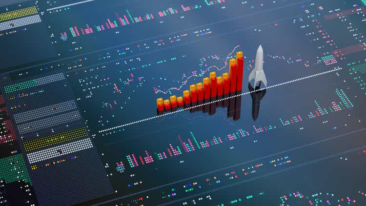 Business concept chart graph and diagram with rocket on blue background. To the moon concept