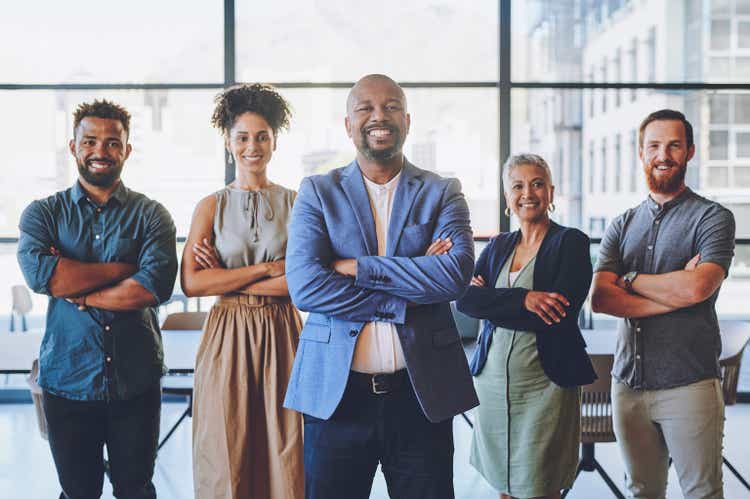 Vision, proud and success business people portrait in workplace or office building with smile of men and women. Group, team or corporate workers with leadership goal, motivation for about us or faq