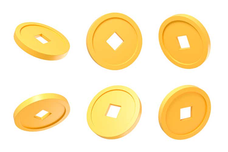 3D Gold Chinese coin set at different rotation angles. Ancient Chinese money. Golden asian coins with hole. All rotation view. Cartoon creative design icon isolated on white background. 3D Rendering