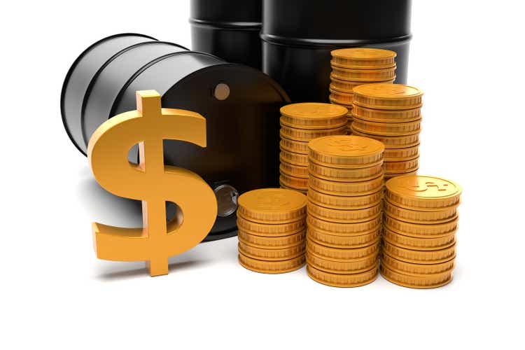 Oil drums with Dollar symbol and stack of coins