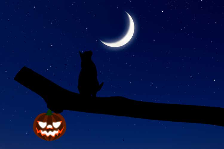 Crescent moon rising over the cat on a tree with Halloween pumpkin