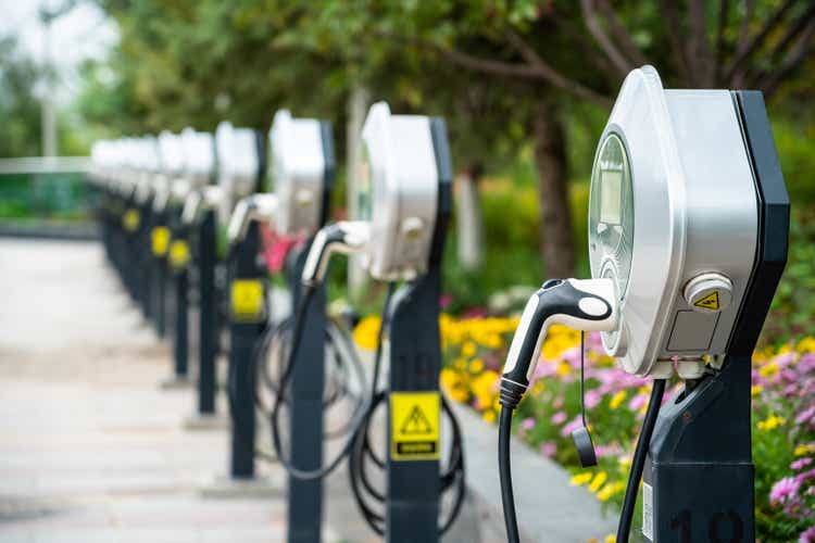 Electric car chargers in city public park