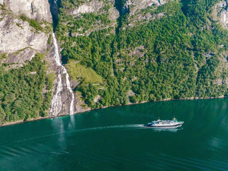 Aerial view of cruise ship near Seven sisters waterfall