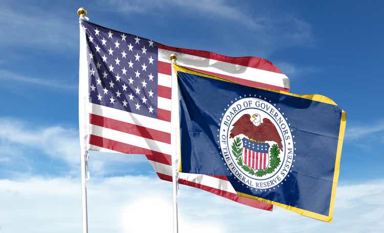 Twin Flags USA and Federal Reserve System, Fed Waving Flags with Textured Background