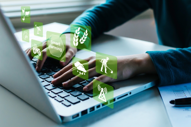 Smart Farming. woman working on laptop computer with virtual graphic icon diagram, agriculture business, nature, communication, digital technology and healthy food, internet network technology concept