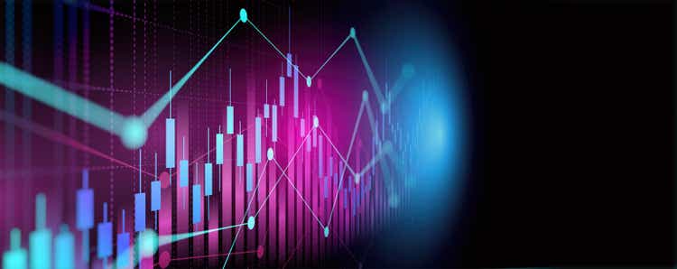 Abstract financial graph with up trend line candlestick chart in stock market on neon light colour background