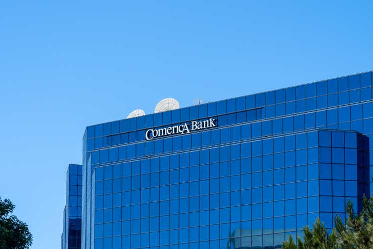 Comerica Bank office is shown in San Diego, CA, USA on July 9, 2022. Comerica Incorporated is a financial services company.