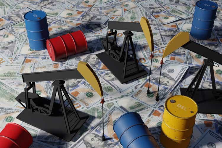 Oil wells and colourful oil barrels on US $100 dollar banknote bills. Illustration of the concept of making money by oil production, cruel oil trading and surging price of petroleum