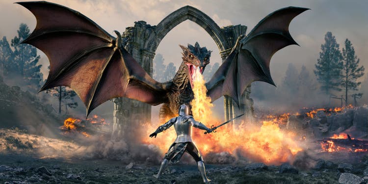Knight Standing In Front Of Fire Breathing Dragon