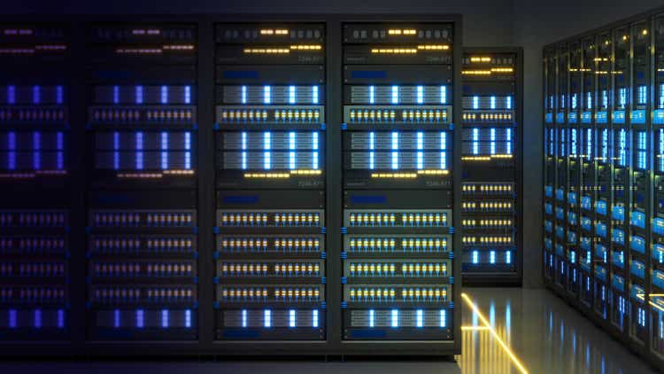 A shot of a data center with several rows of fully operational server racks.  Modern communication, artificial intelligence, server room, server room, 3d rendering