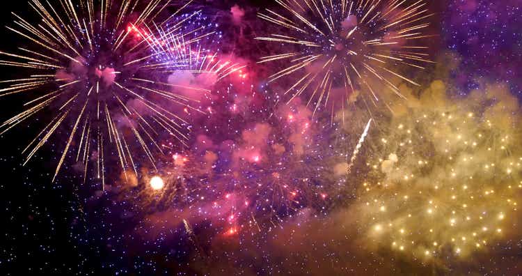 Purple Firework celebrate anniversary happy new year 2023, 4th of july holiday festival. Purple firework in night time celebrate national holiday. Violet firework Countdown to new year 2023 festival