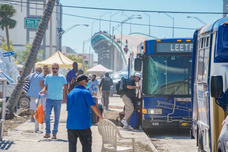 Busses evacuating people from Fort Myers Beach after Hurricane Ian